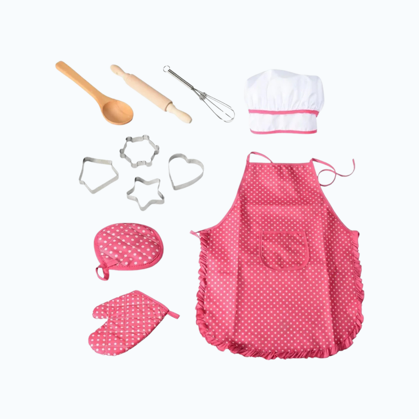 Pink kids apron and chef hat set with baking tools