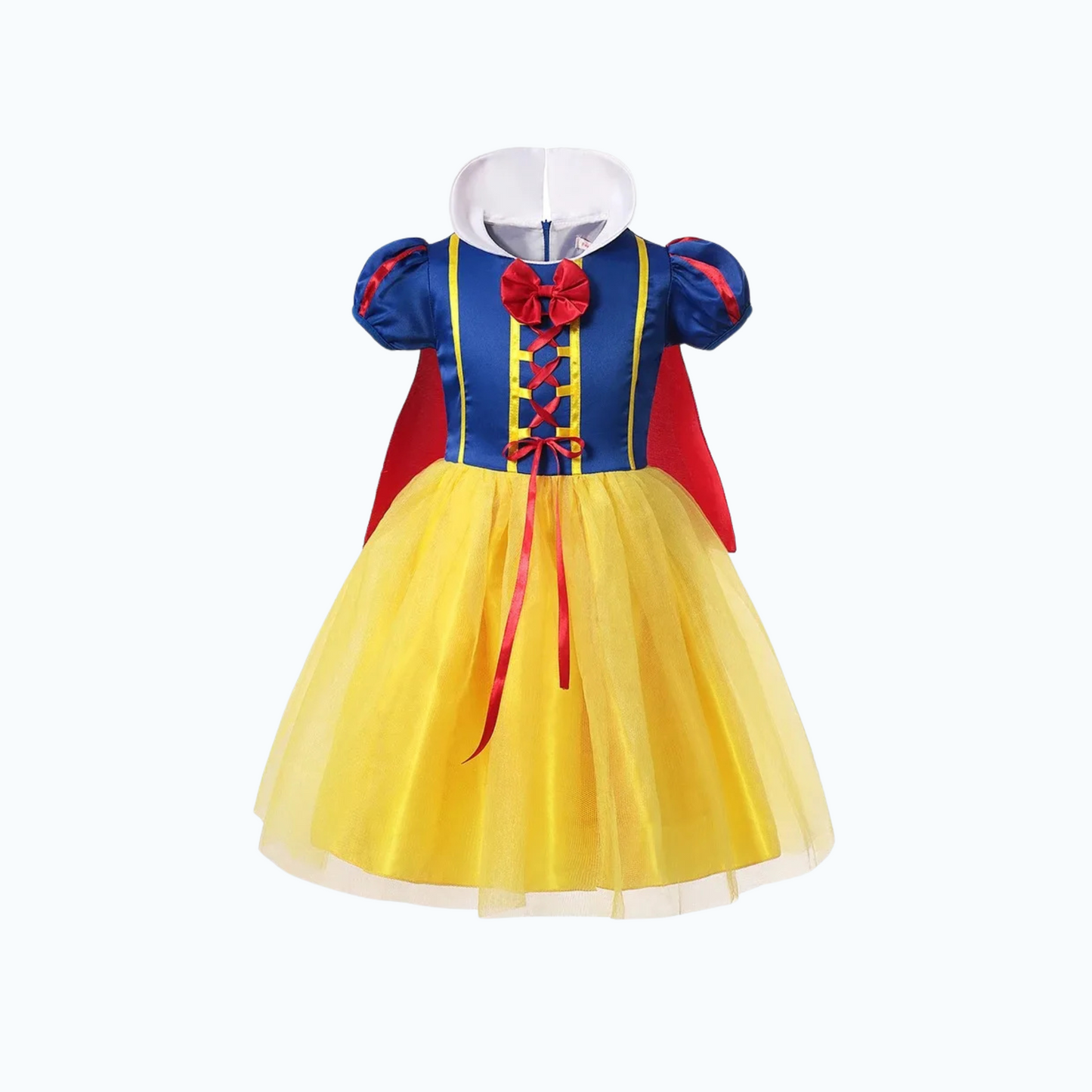 Front view of children’s Snow White–inspired princess costume dress with blue bodice, red trim, and yellow skirt.