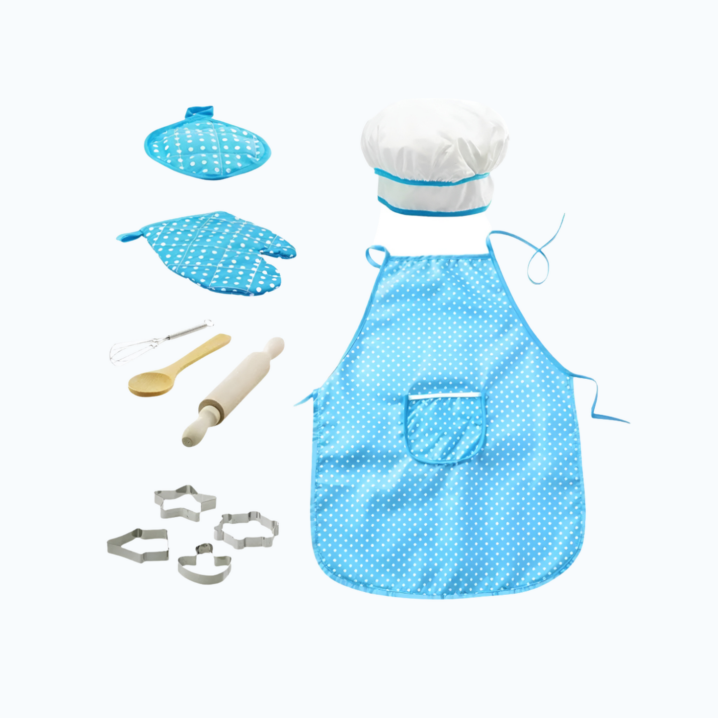 Blue children's baking set with rolling pin and whisk
