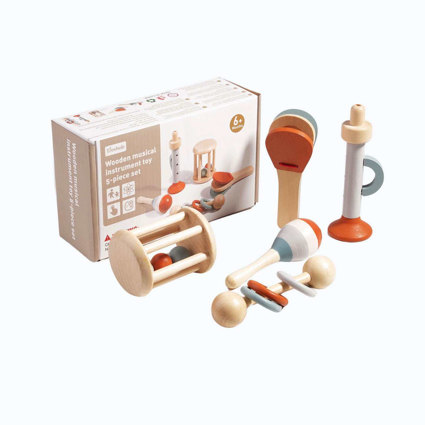 Wooden castanets in natural tones, sized for toddler hands to develop coordination