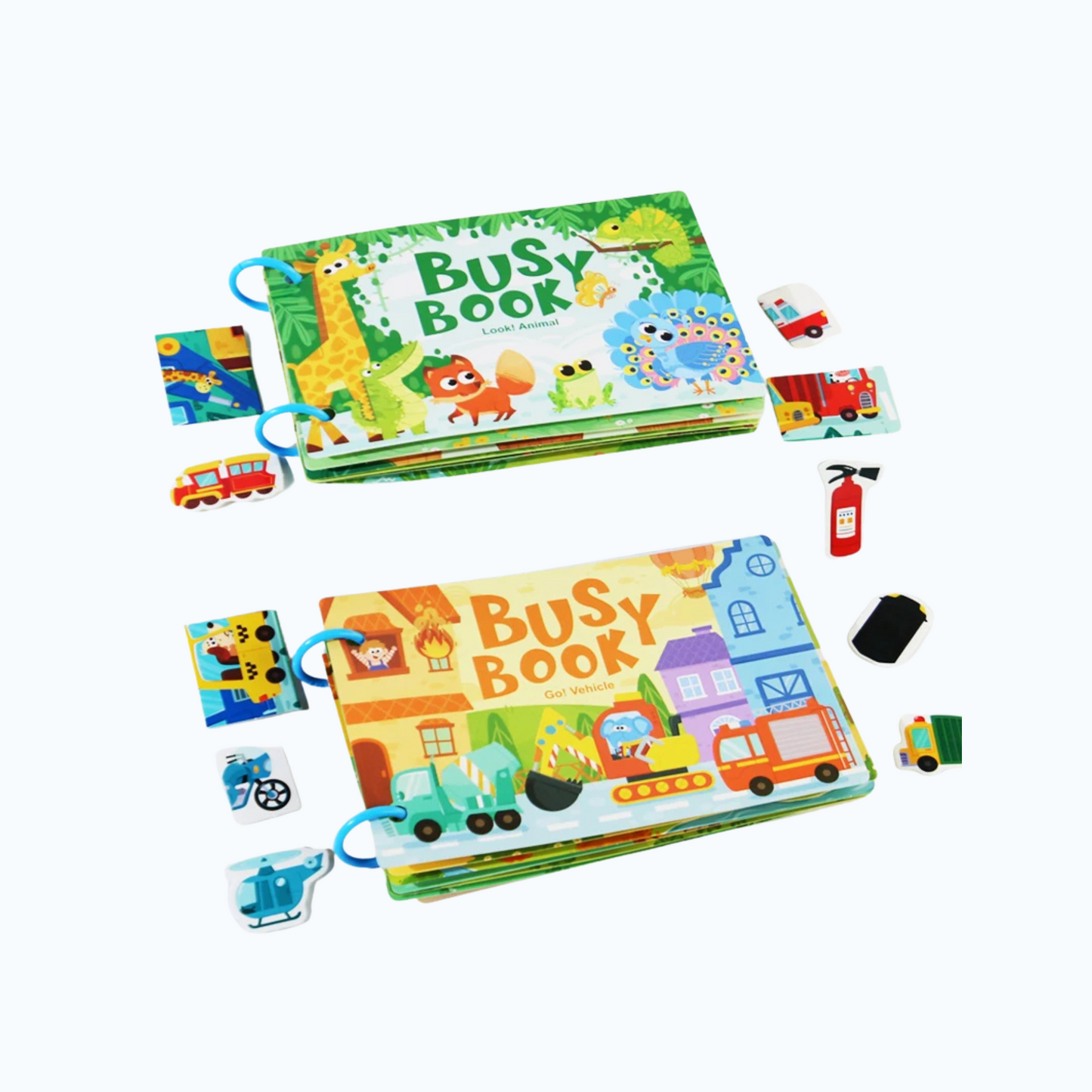 Collection of Montessori Busy Books in dinosaur, ocean, forest, and animal themes for early learning fun