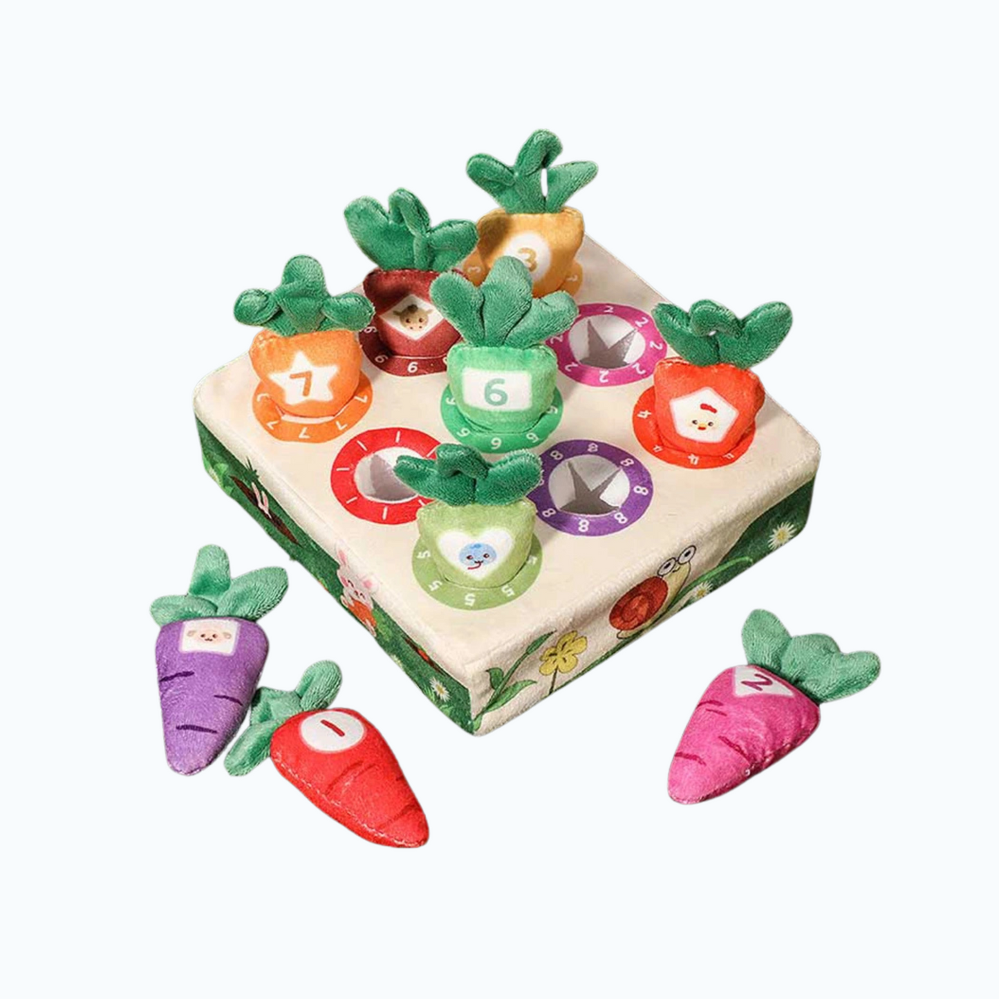 Soft Montessori carrot pull toy with colorful numbered carrots and a wooden sorting board for toddlers.