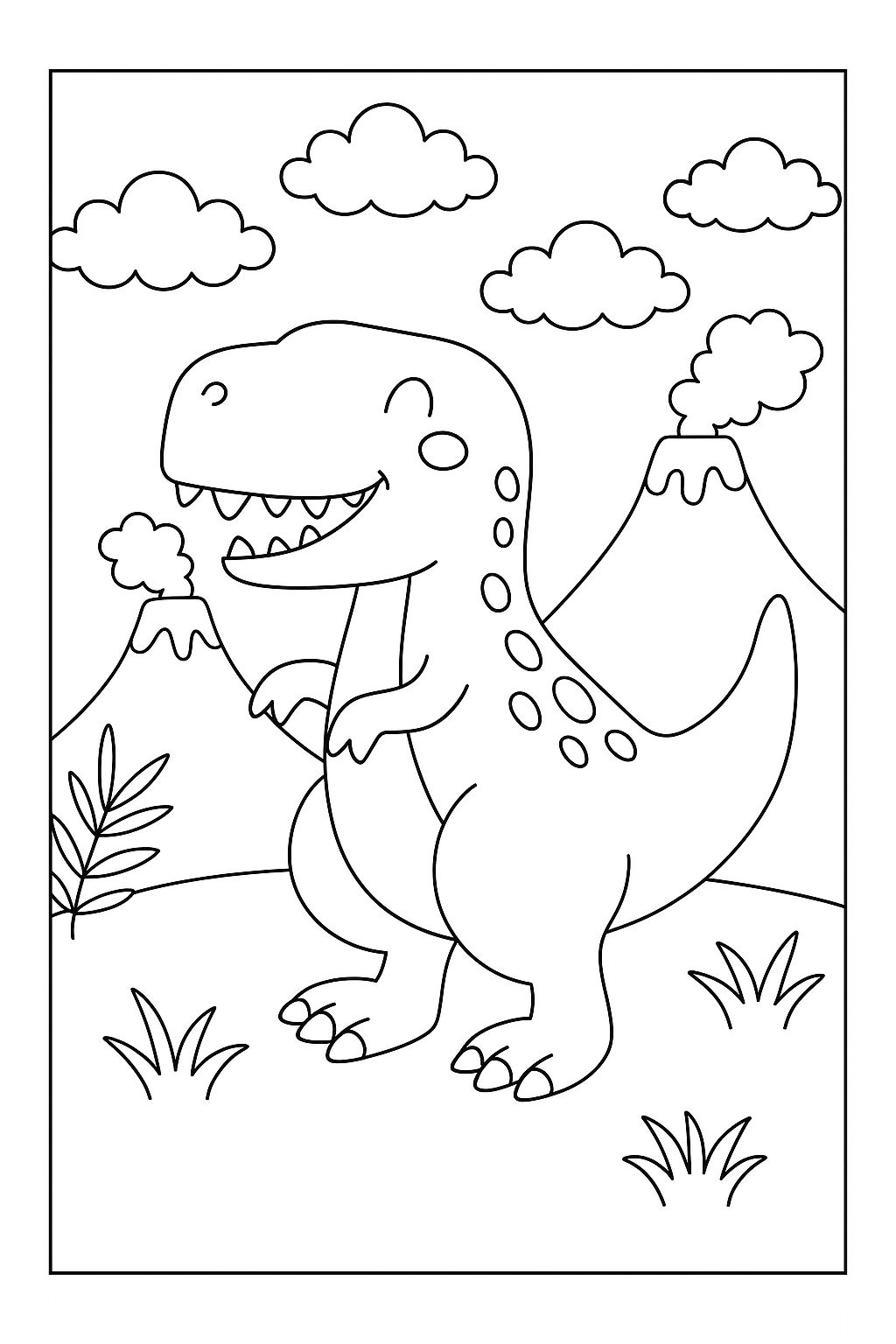 dinosaur colouring page with volcano