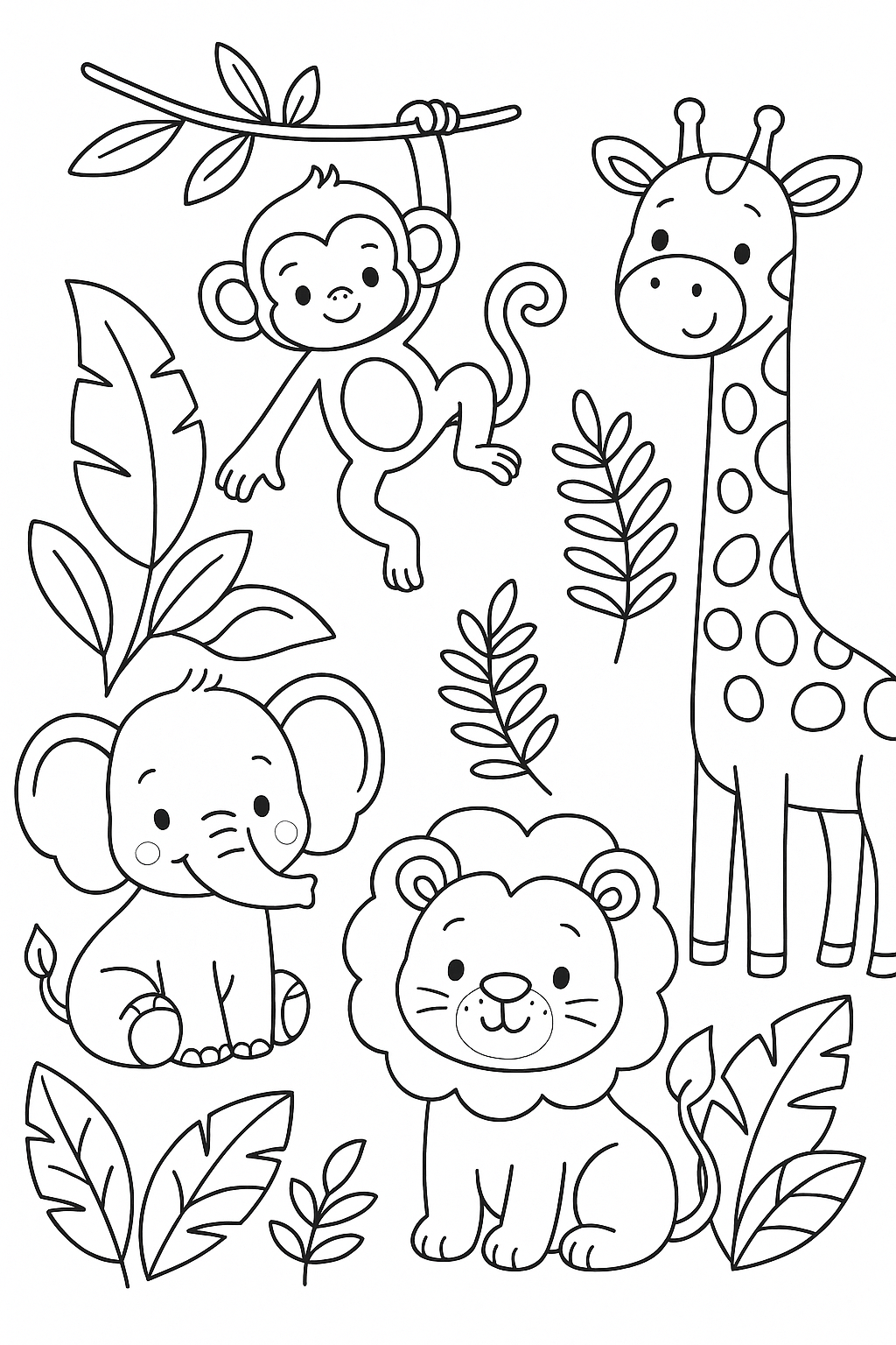 giraffe monkey elephant lion colouring page download