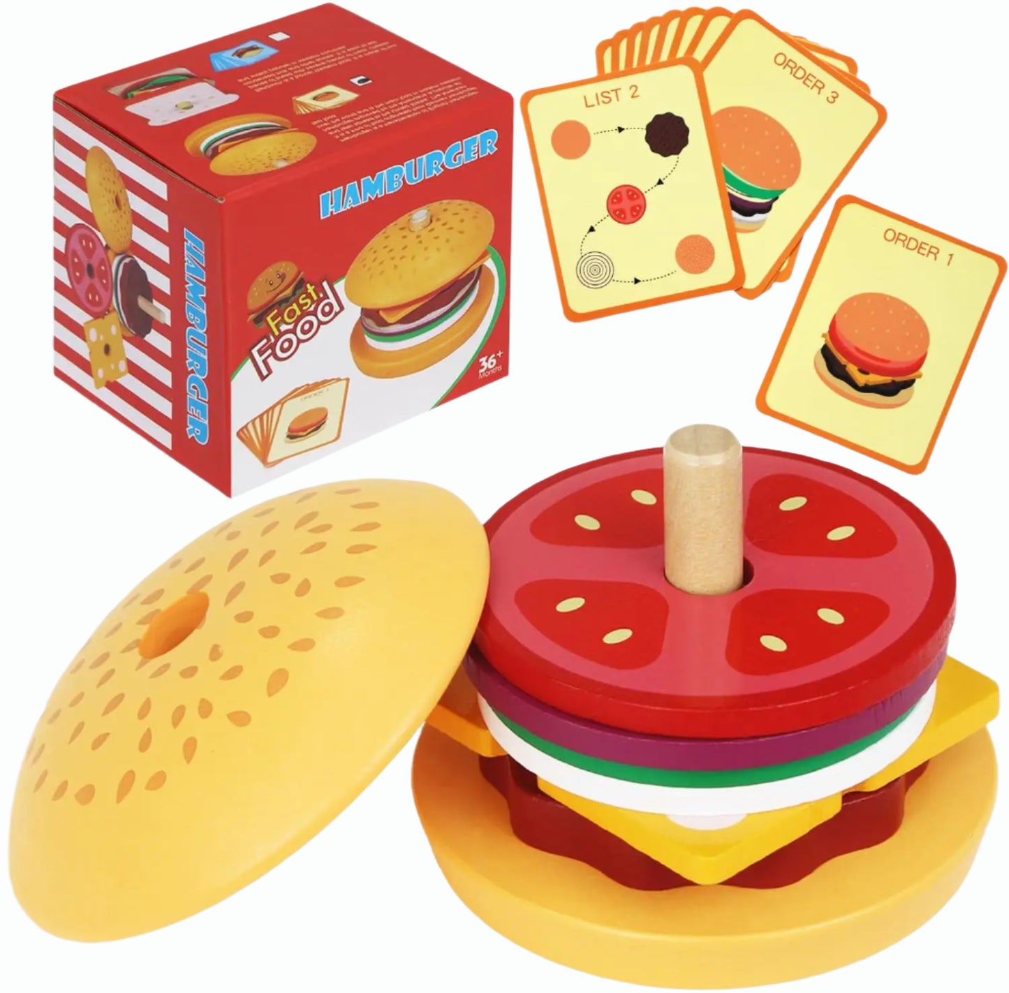 Wooden stacking toy shaped like a burger, featuring colourful layers for pretend play and fine motor skills.
