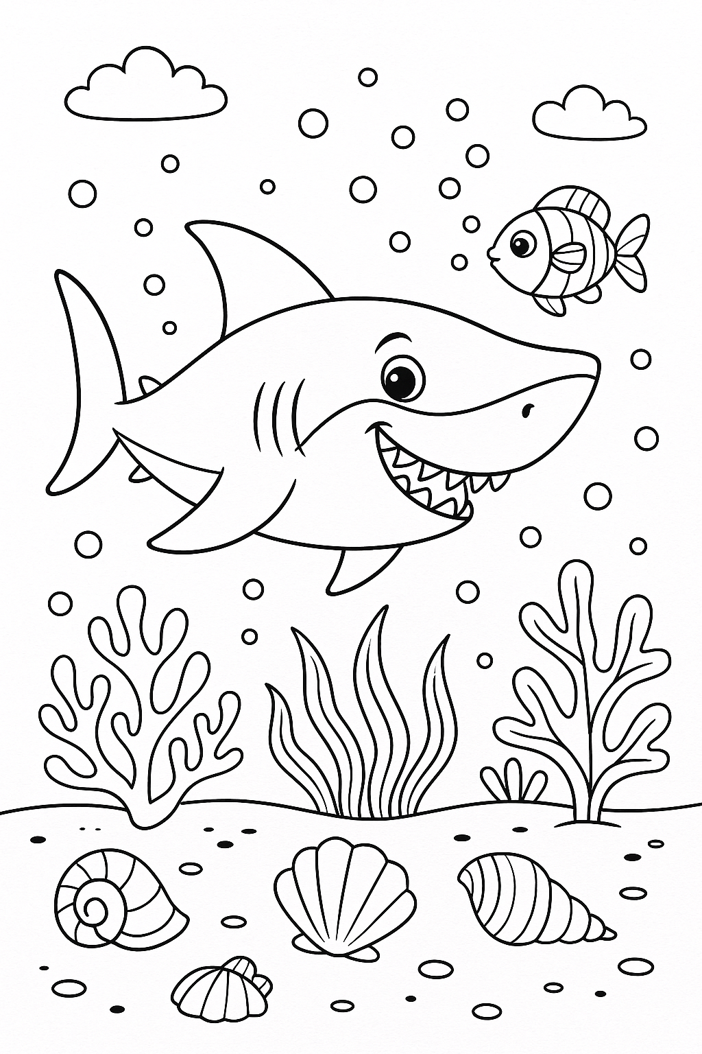 shark ad fish underwater colouring page