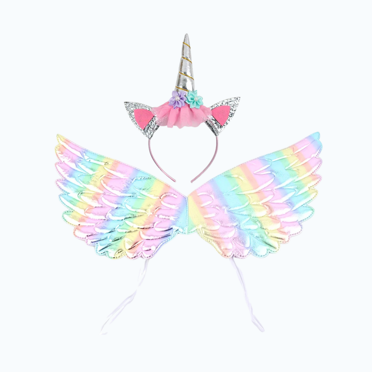 Pastel rainbow unicorn wings and silver horn headband dress-up outfit