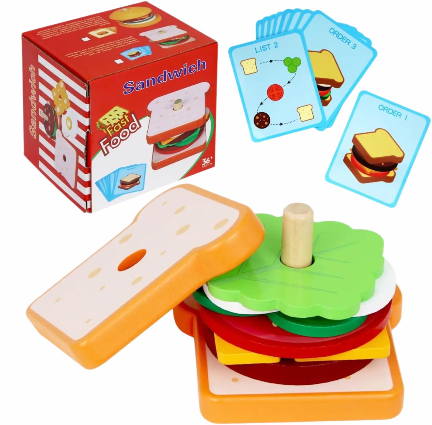 Wooden stacking toy shaped like a sandwich, with multiple layers to encourage creative pretend play and hand-eye coordination.