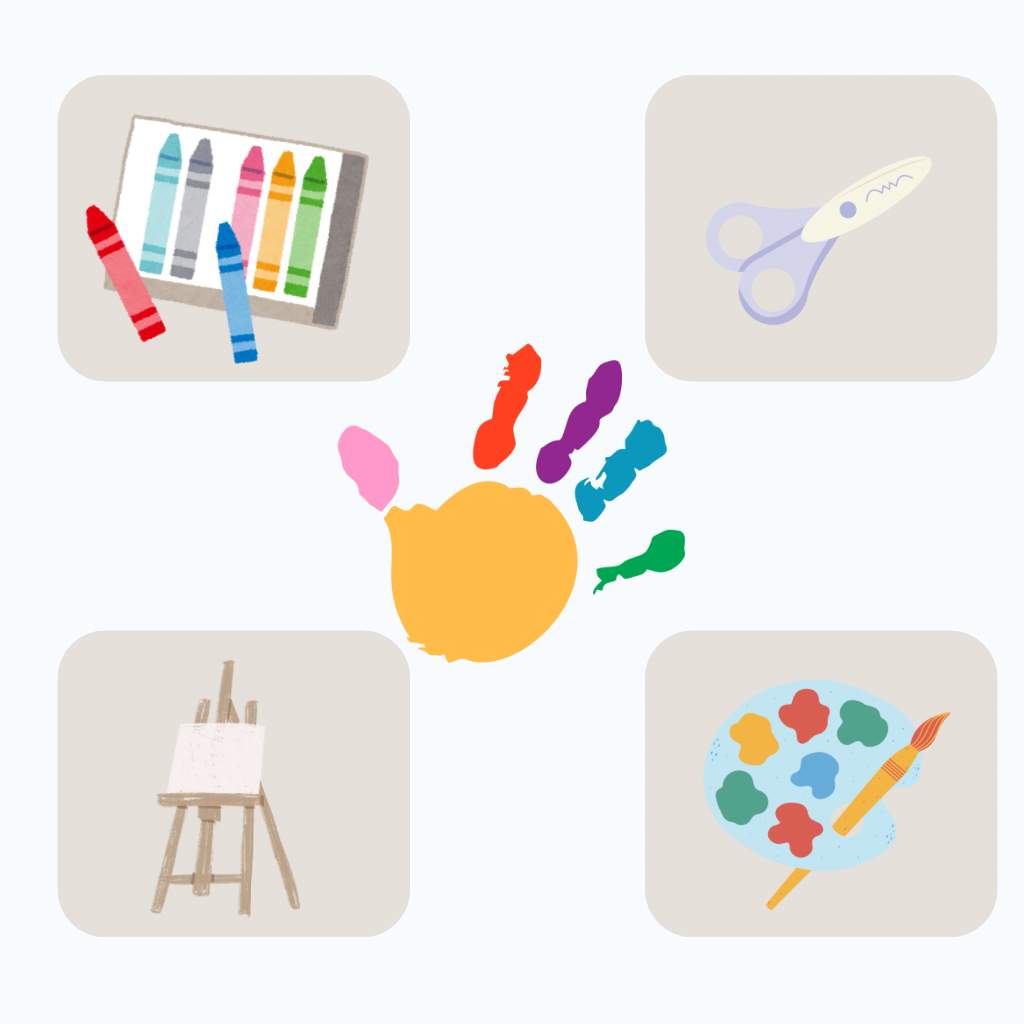 Creative kids’ craft supplies including scissors, stickers, and art tools designed for hands-on screen-free play.
