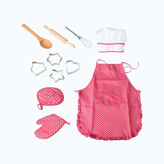 Pink kids apron and chef hat set with baking tools