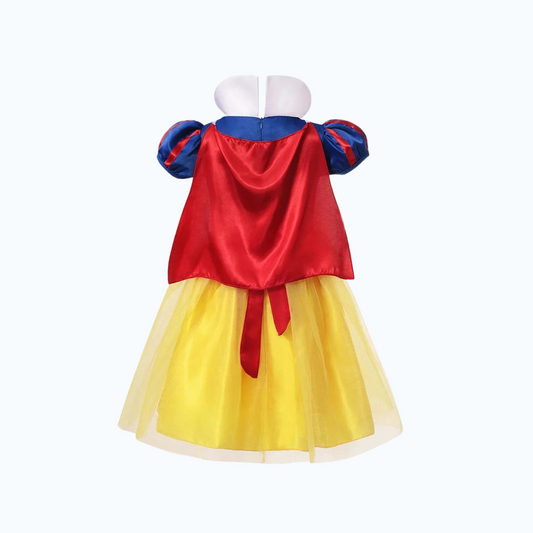 Back view of yellow and blue fairytale princess dress with attached red cape.