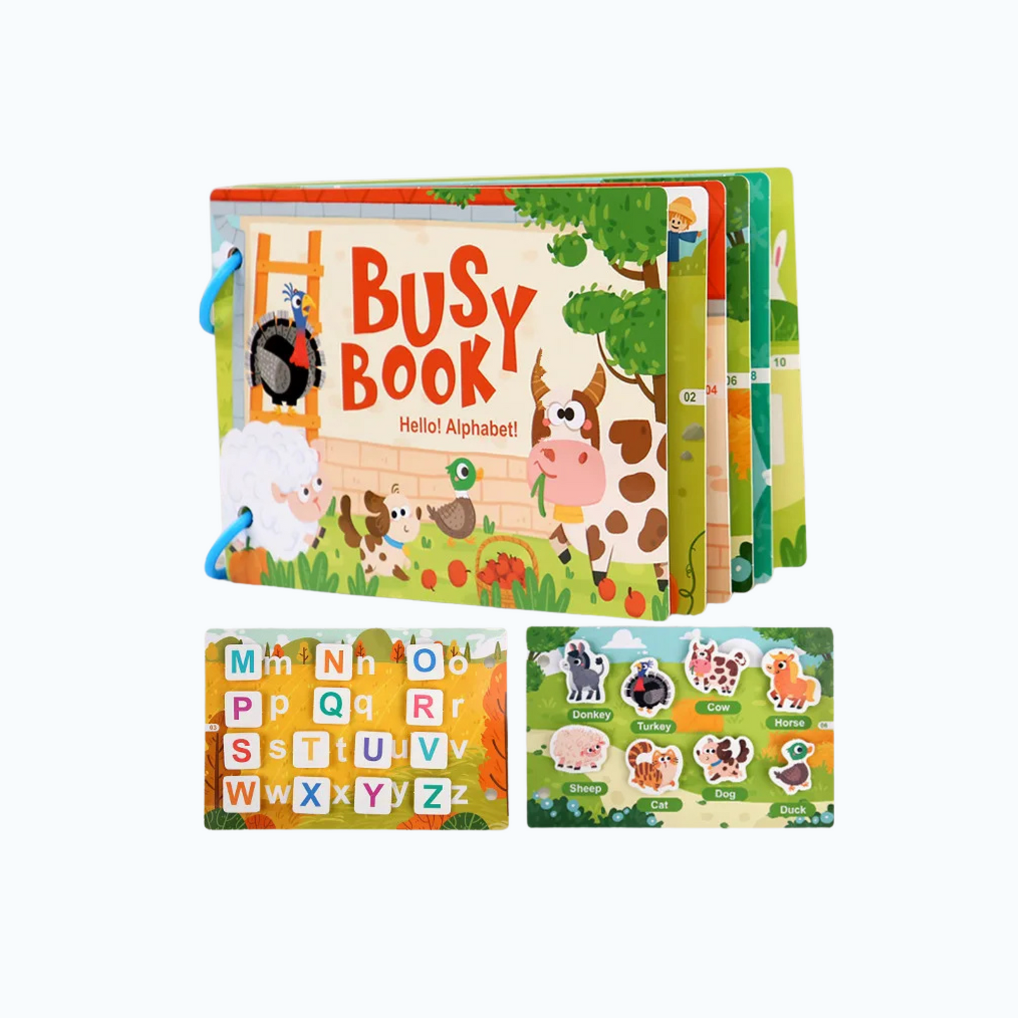 Interactive animal matching page inside the Busy Book with removable velcro stickers for toddler learning.
