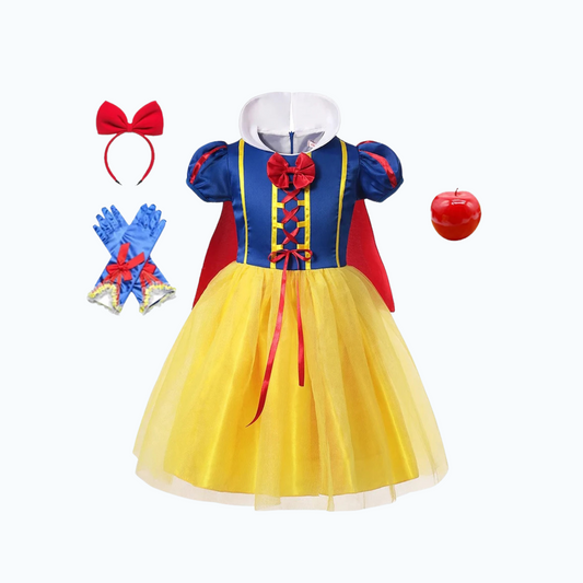 Complete Snow White–inspired princess costume set for girls with dress, cloak, gloves, bow headband, and apple