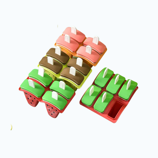 Set of colourful watermelon-shaped ice lolly moulds for kids’ creative kitchen play and homemade popsicles.