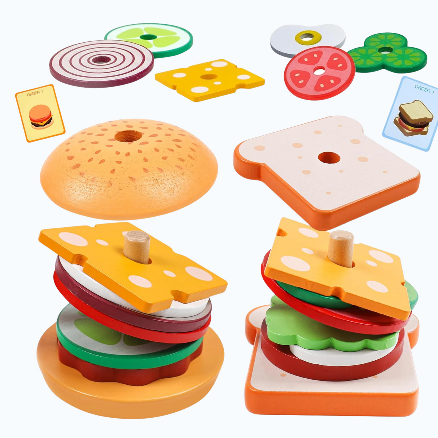Side-by-side view of wooden burger and sandwich stacking toys for toddlers’ kitchen role play.