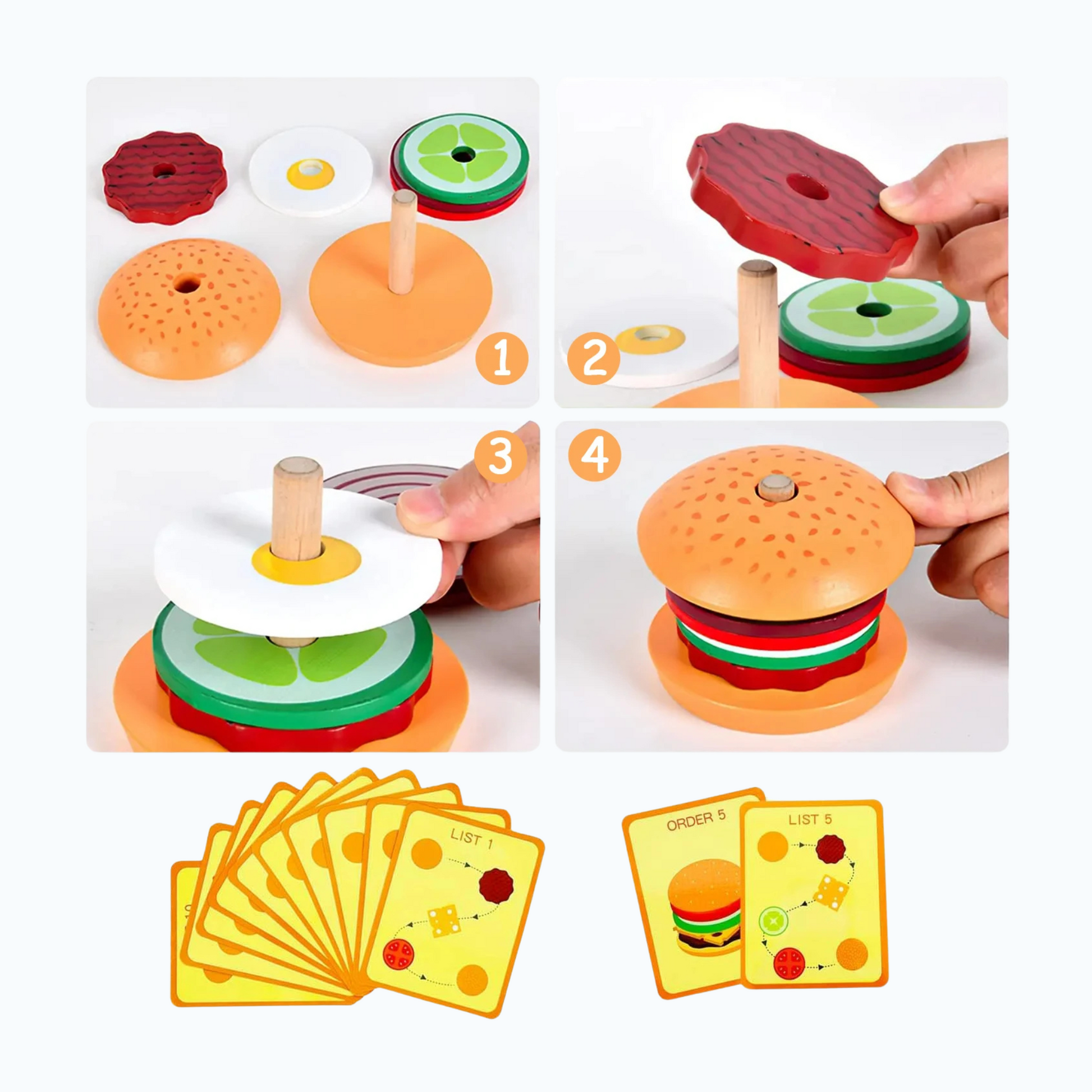 Toddler stacking wooden burger pieces to develop fine motor skills and imaginative play.