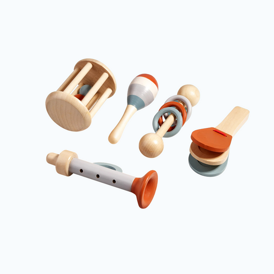 Five-piece wooden musical instrument set for babies and toddlers, including maracas, whistle, bell rattle, and castanets.