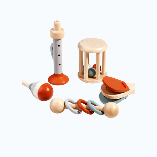Wooden baby rattle with small bells, perfect for encouraging rhythm and fine motor skills.