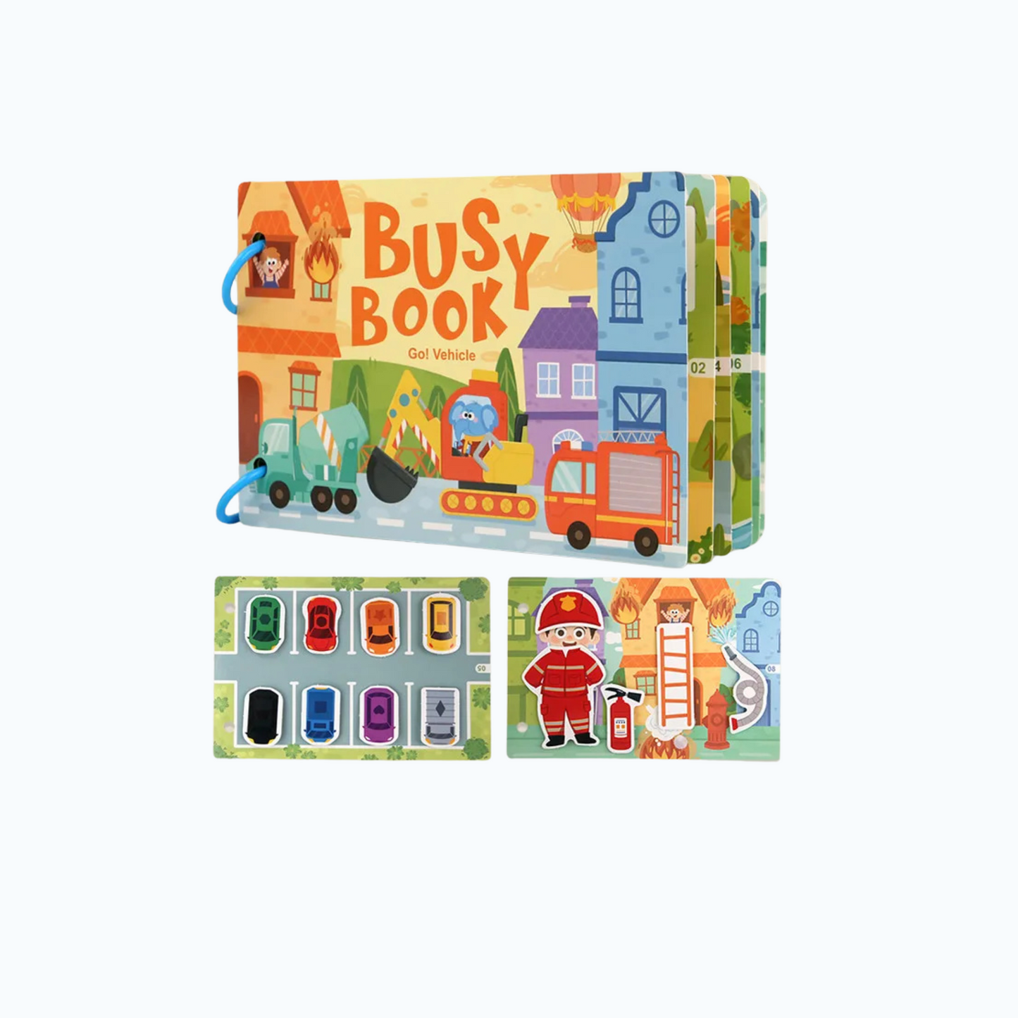 Busy Book with cars, trucks, and transport-themed sticker activities for preschool motor and logic skills.