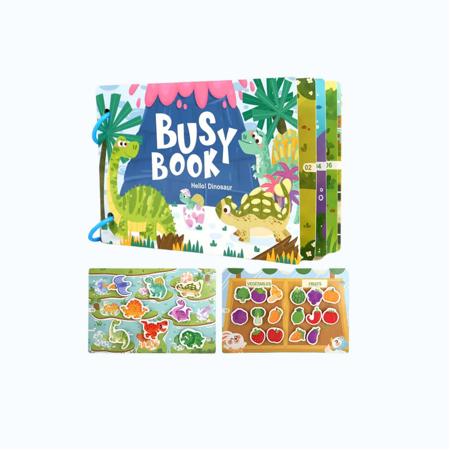 Dinosaur-themed Montessori Busy Book with matching game pages for preschoolers