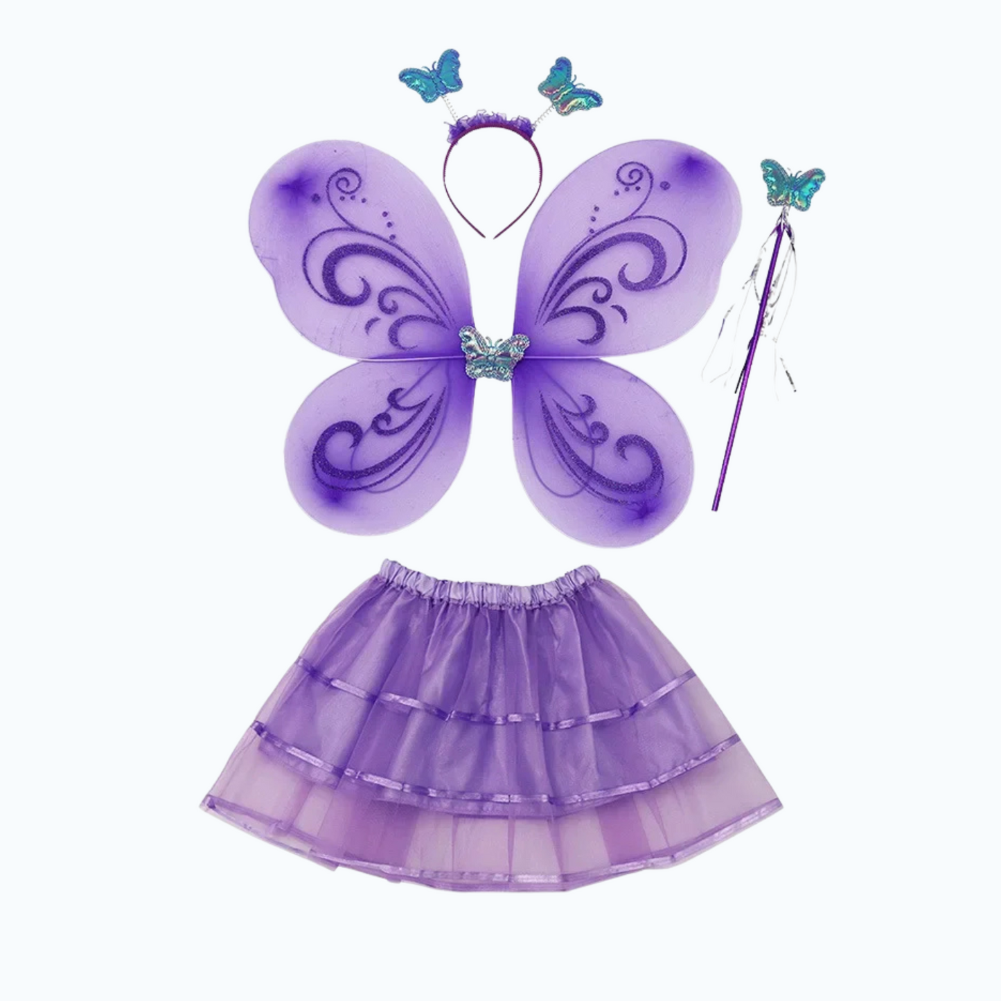 Purple fairy costume set with butterfly wings, skirt, wand and headband for girls