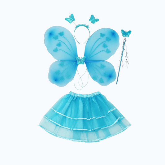 Blue girls fairy role play outfit with butterfly wings and tulle skirt
