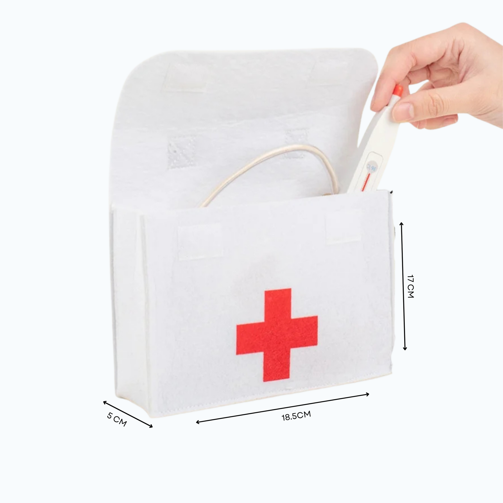 Wooden kids doctor kit with toy medical tools and white bag dimensions