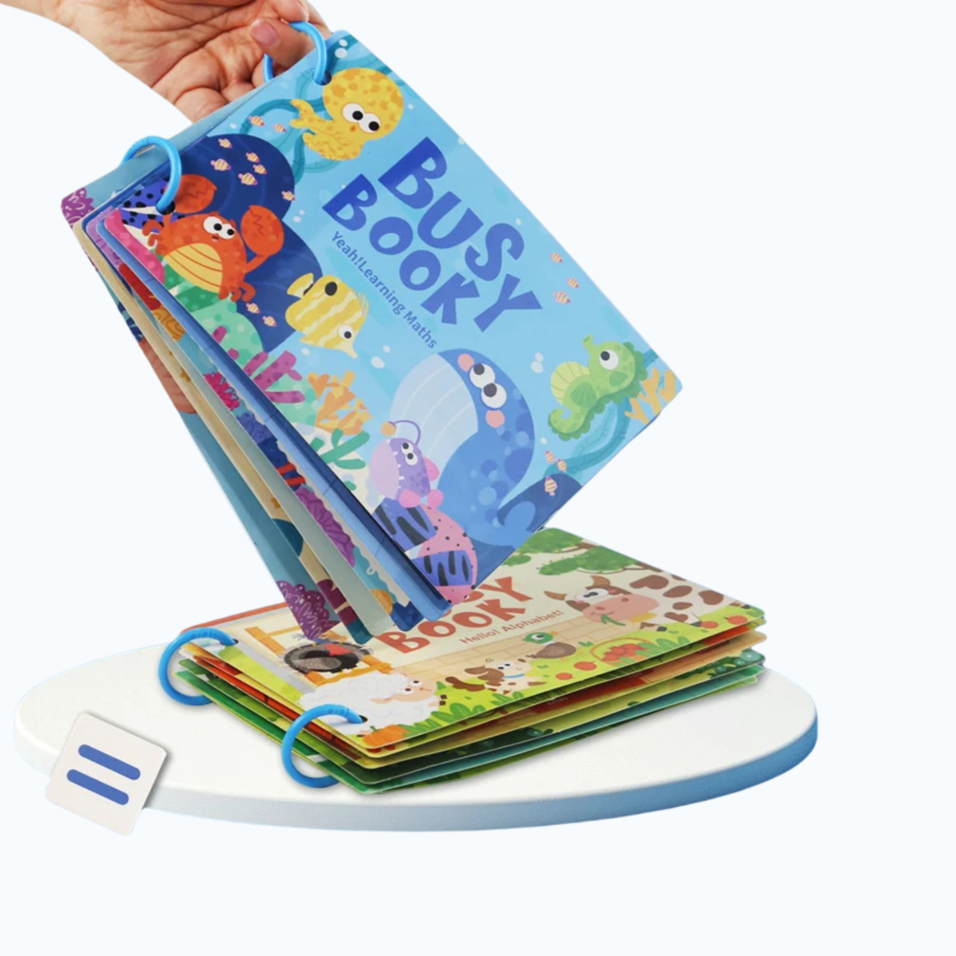 Toddler engaging with a Montessori Busy Book, developing fine motor skills using velcro stickers