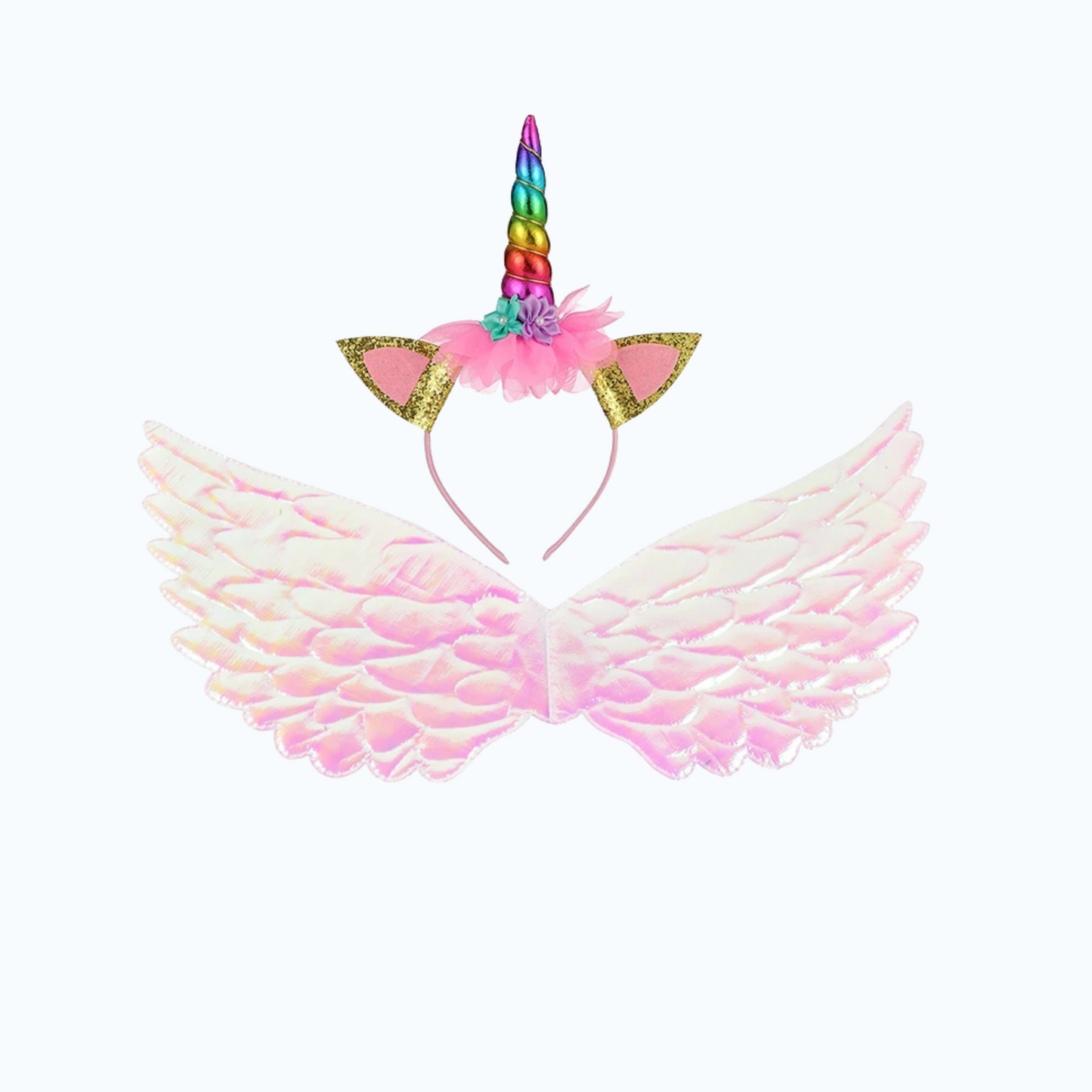 Pink unicorn wings and rainbow horn headband magical role play dress-up set