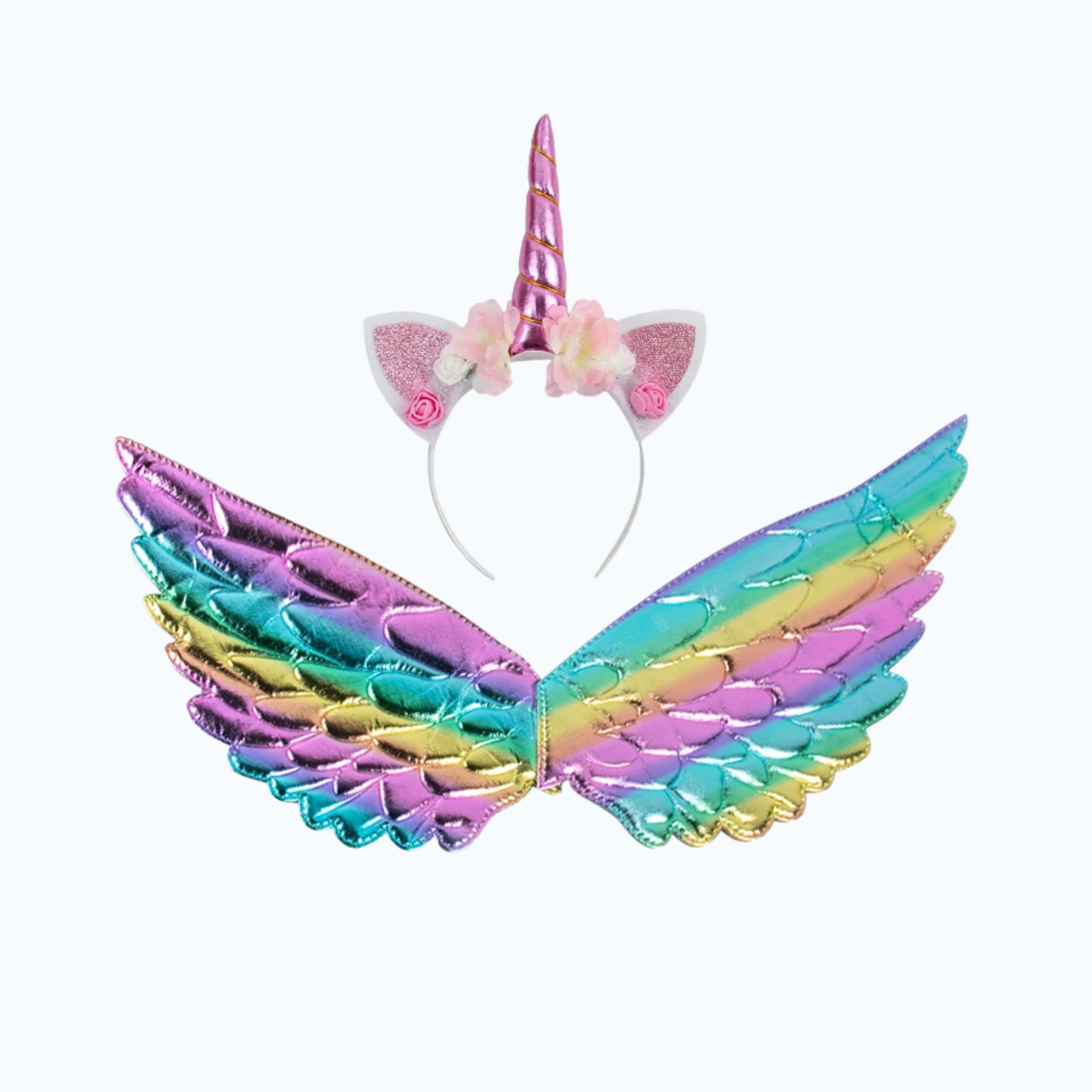 Rainbow unicorn wings and pink horn headband dress-up set