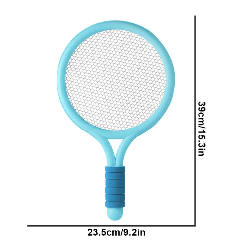 Blue racket with dimensions 