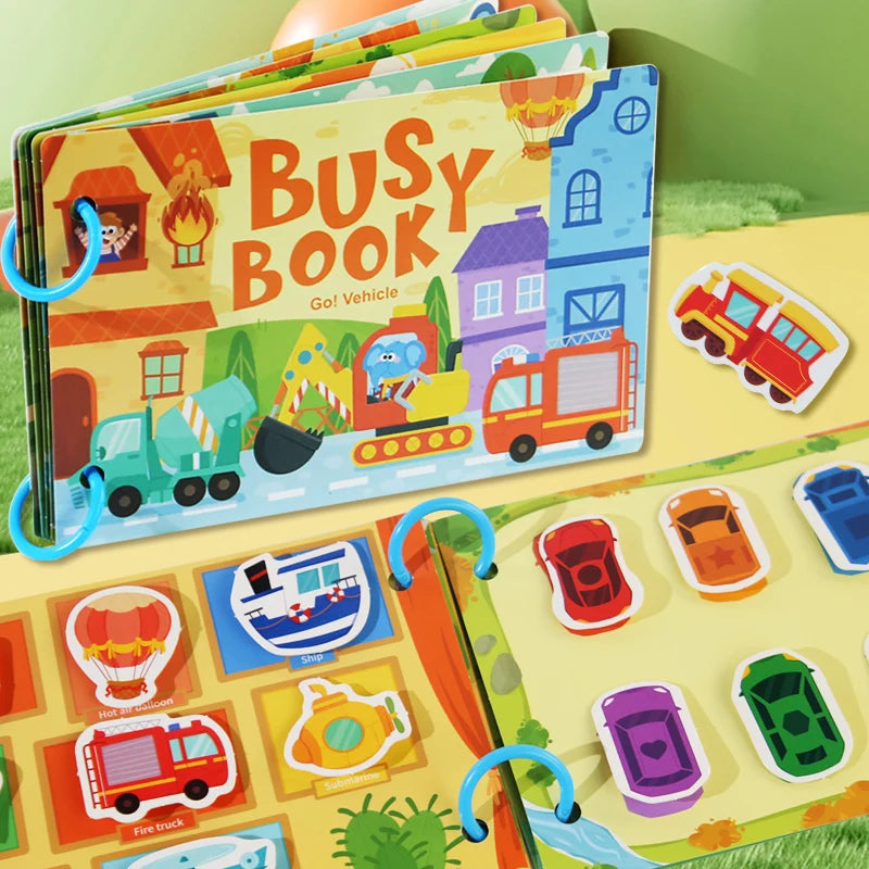 Interactive trucks and cars matching page inside the Busy Book with removable velcro stickers for toddler learning