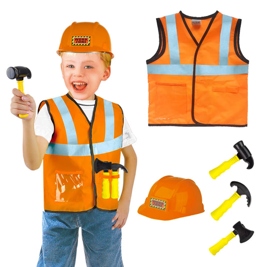 Construction Worker Costume for Boys, Pretend Builder Outfit for Kids, Role Play Dress Up