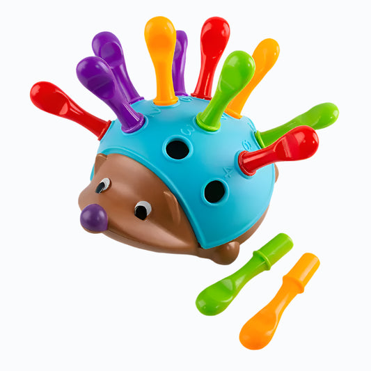 Children’s Montessori hedgehog toy with colourful pegs for fine motor skill development and colour sorting.