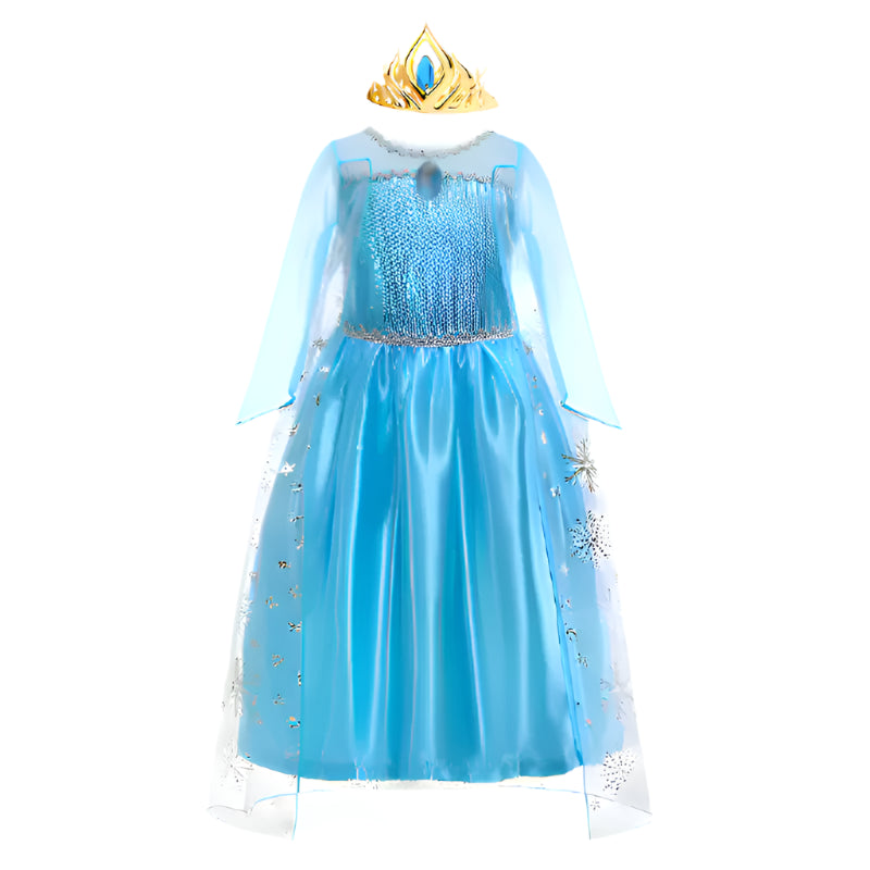 Long sleeve, blue princess dress with cape and a tiara crown